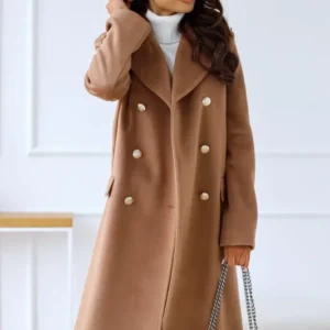 Classic Wool Winter Coat Double Breasted Camel Full Length - Product showcase