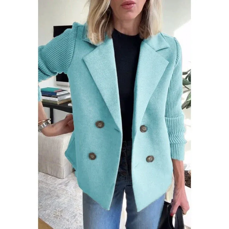 Double-Breasted Wool Coat Ribbed Sleeve Turquoise Design - Product showcase