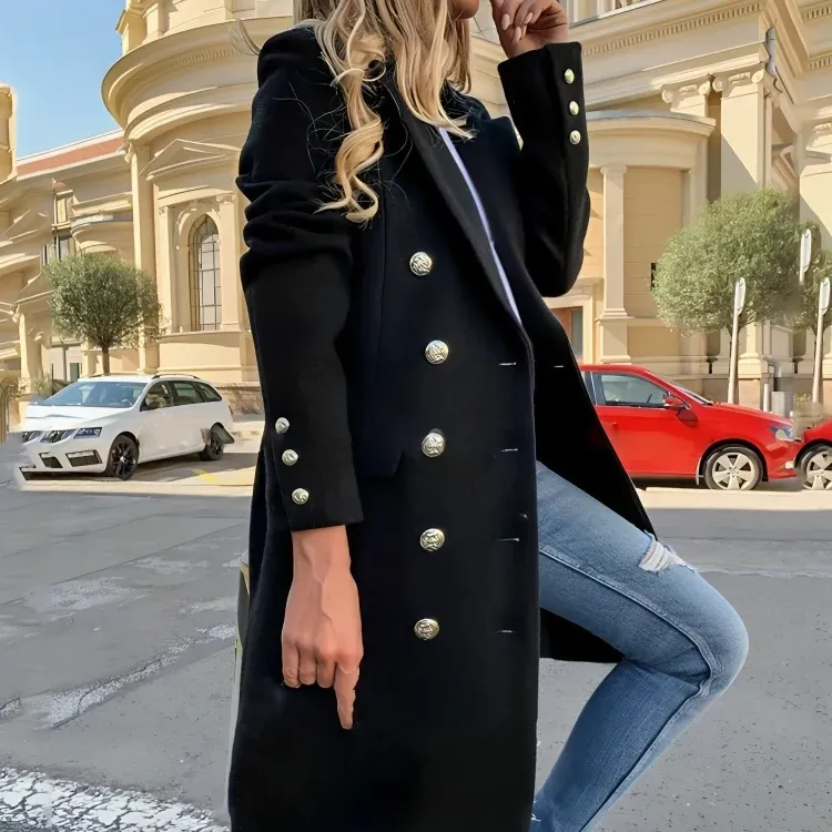 Double Breasted Wool Coat Military Style Metallic Buttons - Product showcase