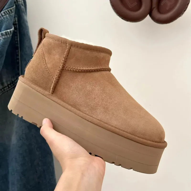 Platform Ankle Boots Suede Sheepskin Lined Winter Booties - Product showcase