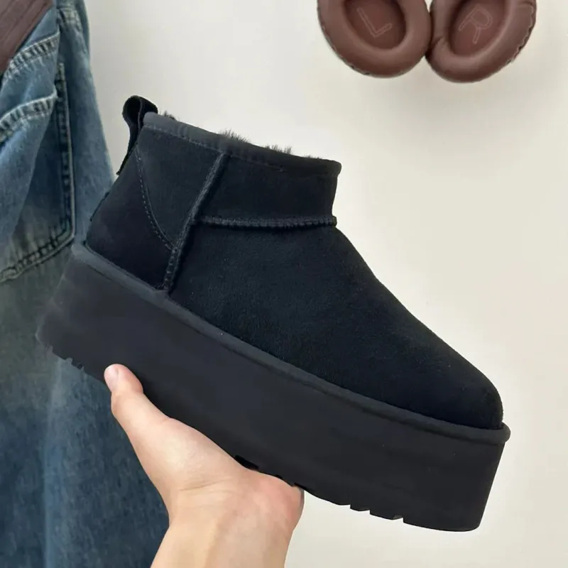 Platform Ankle Boots Black Suede With Fur Lining - Product showcase