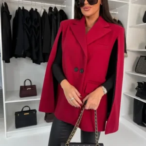 Wool Cape Coat Classic Red Button Front with Lapel - Product showcase