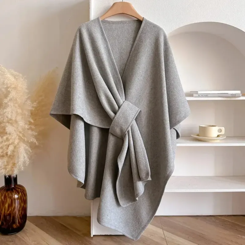 Wool Draped Poncho Elegant Knee-Length Cape With Waist Tie - Product showcase