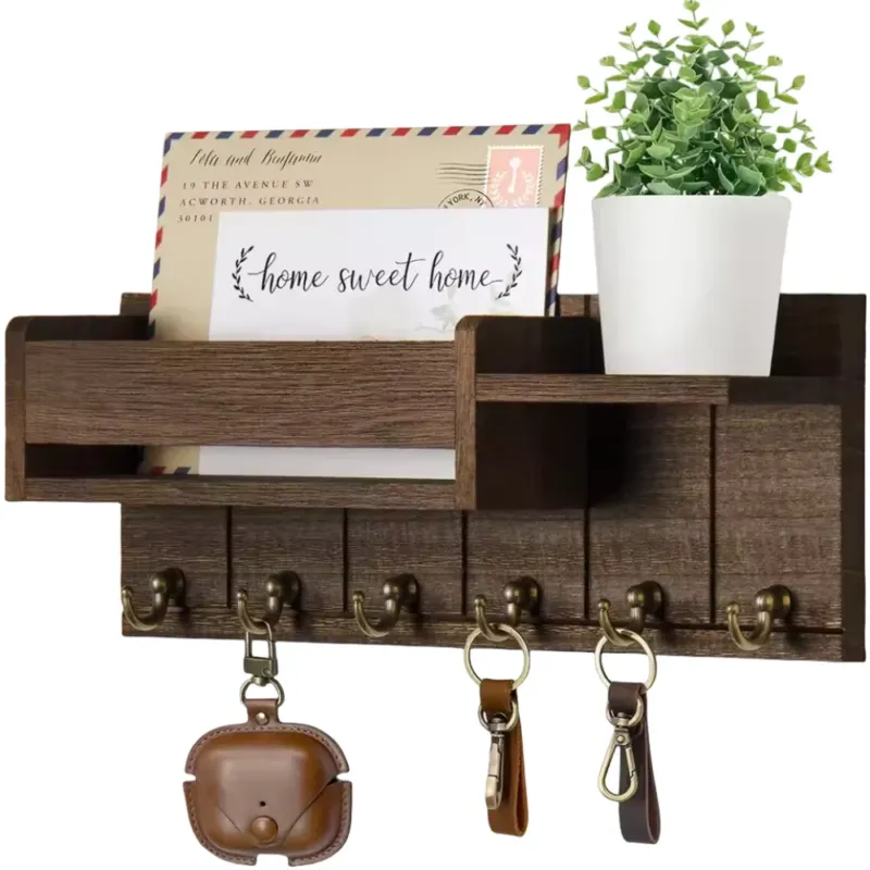 Rustic Wall Key Organizer Solid Wood Mail Holder with Hooks - Product showcase