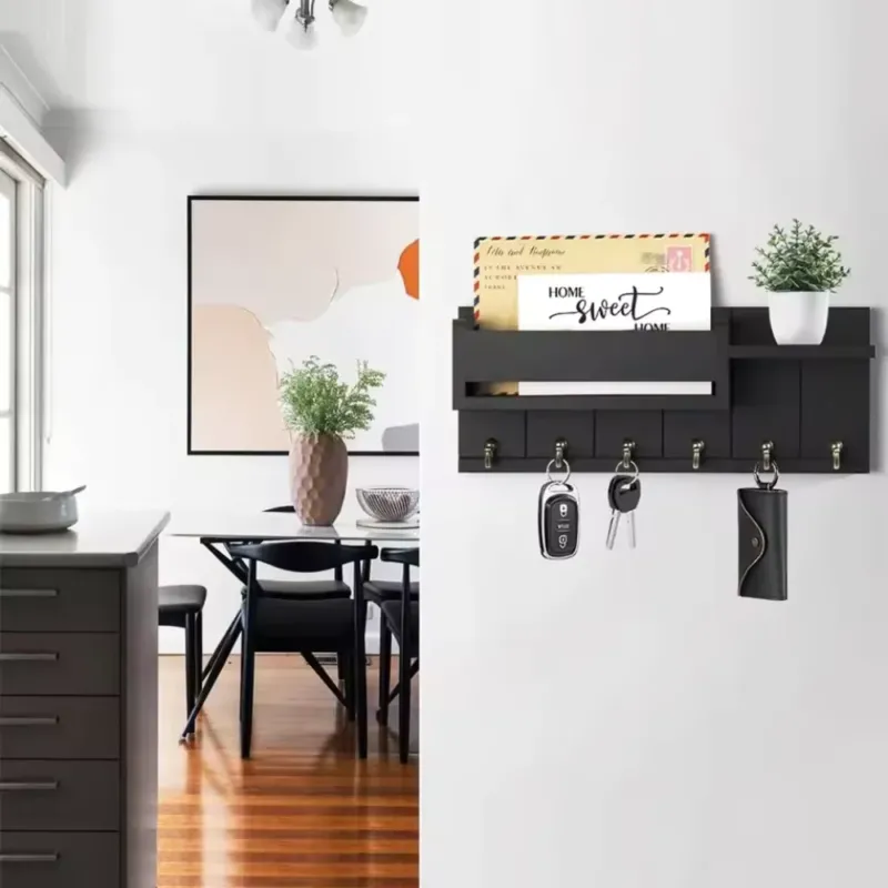 Rustic Wall Key Organizer Solid Wood Mail Holder with 6 Hooks - Product example