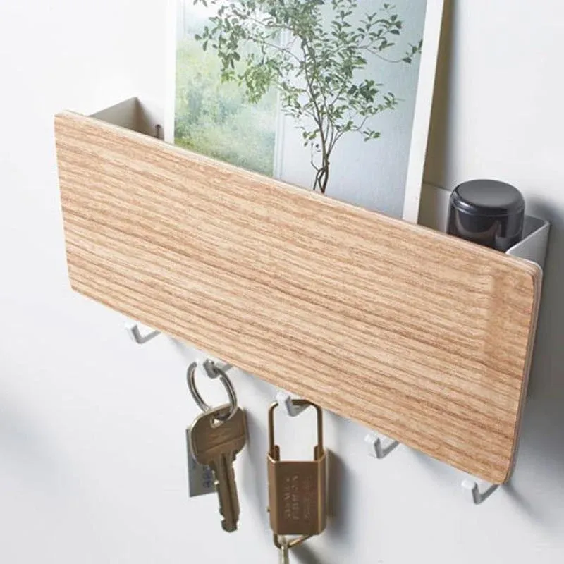 Wooden Wall Key Holder Modern Entryway Organizer with Colorful Hooks - Product showcase