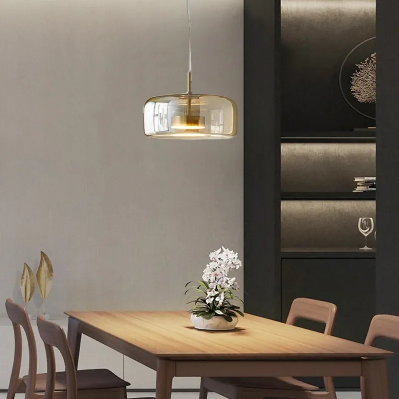 Modern Glass Pendant Light Amber Dome Shade - Product showcase