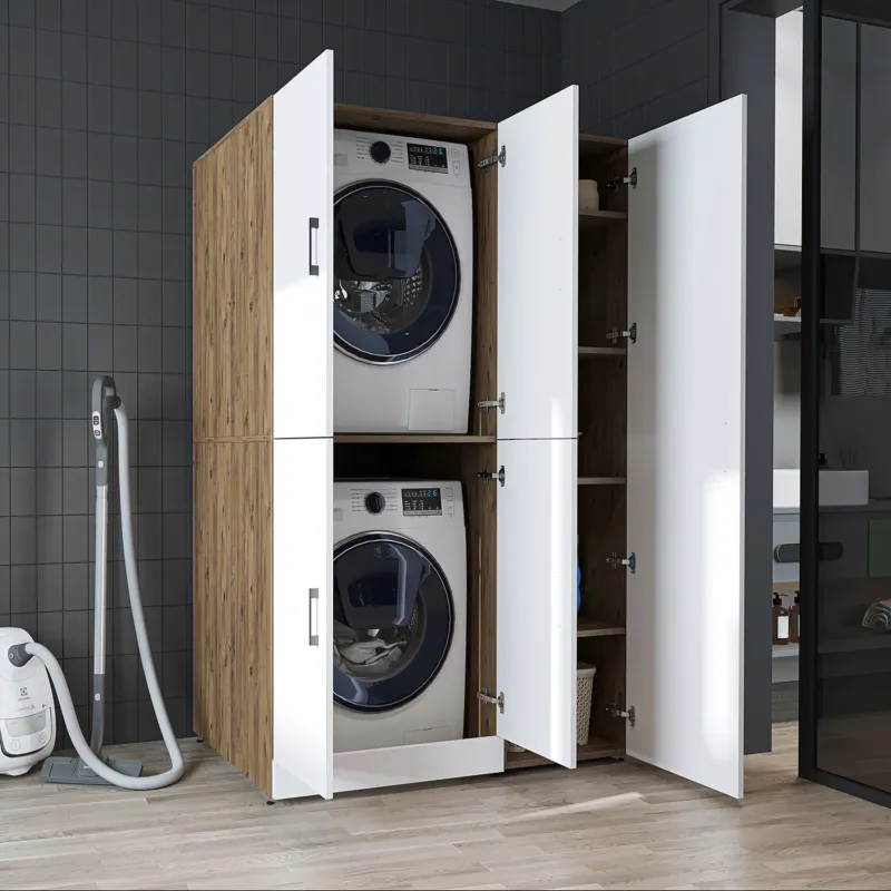 Waschmaschinenschrank DORA-II in Weiß mit schmalem Hochschrank