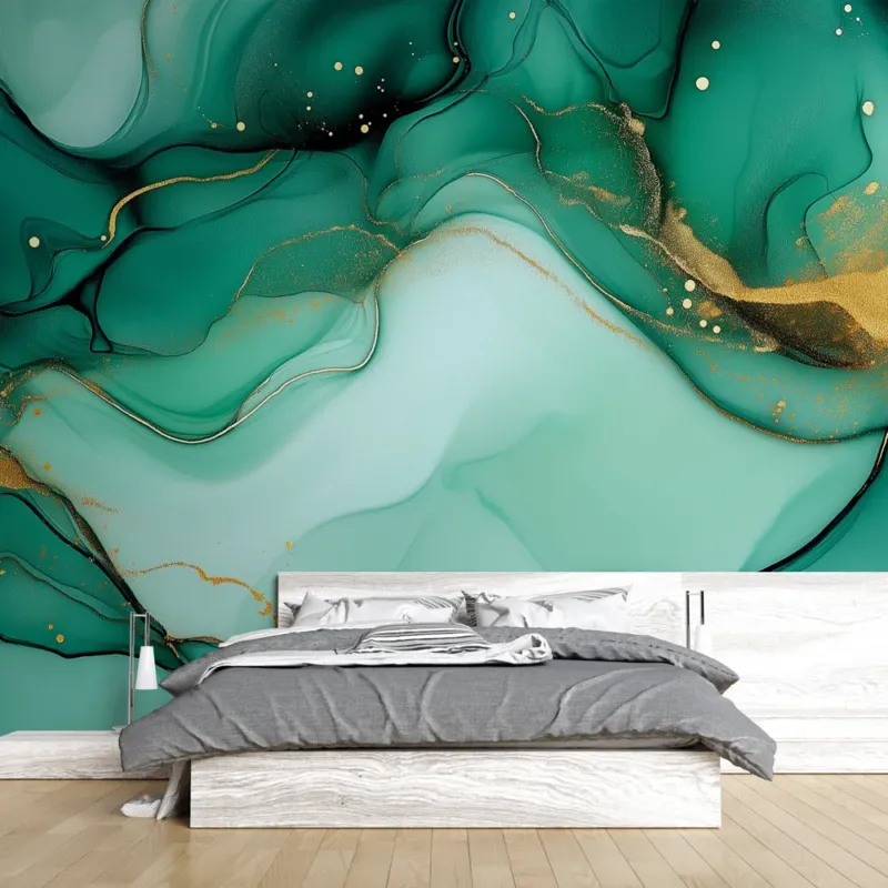 Emerald green and gold marble wallpaper creating a luxurious atmosphere in a modern living room with tall windows