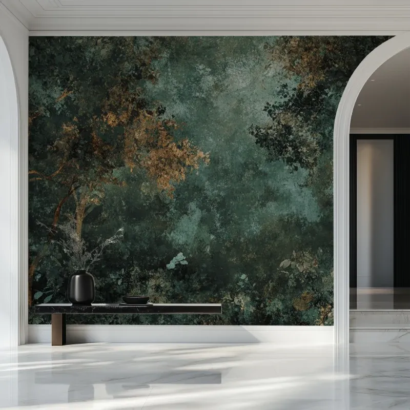 Green and gold abstract wallpaper in modern living room with natural light highlighting metallic accents