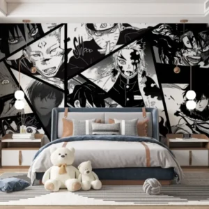 Manga wallpaper mural creating dramatic impact in modern teen bedroom with gaming setup