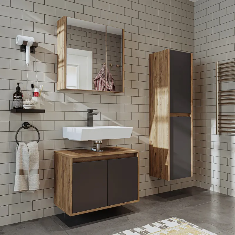 Roomart Badmöbel Set MELONA 3-teilig, in 4 Farben, 65cm Unterschrank • Spiegelschrank • Hochschrank- badmöbel, set, abfluss, waschbecken, bad, möbel, badezimmermöbel, badezimmer, waschbeckenunterschrank, cm, breit, modern, waschtisch, tief, mit, unterschr