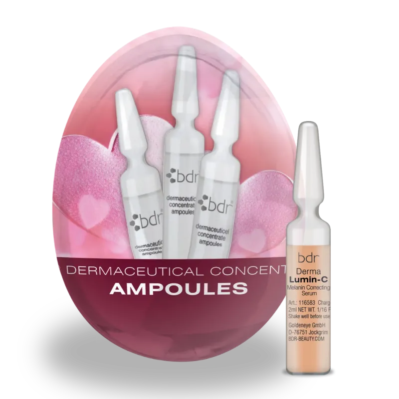 BDR MEDICAL BEAUTY DermaLumin-C Ampullen-Ei – Osteraktion, 7x2ml +Dropper, Verpackung und Einzelampulle