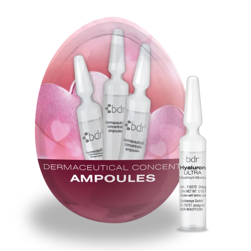 BDR MEDICAL BEAUTY Hyaluron Ultra Ampullen-Ei – Osteraktion, 7x2ml +Dropper, Verpackung und Einzelampulle