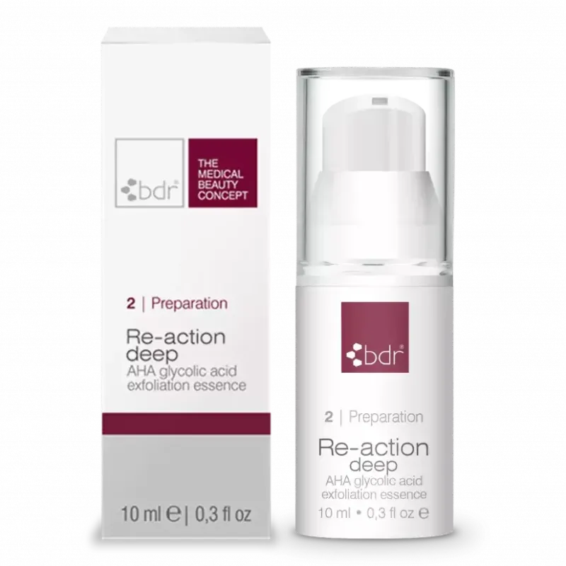 BDR MEDICAL BEAUTY Re-action natural – AHA glycolic acid exfoliation essence - Reisegröße, 10ml, Pumpspender und Umkarton