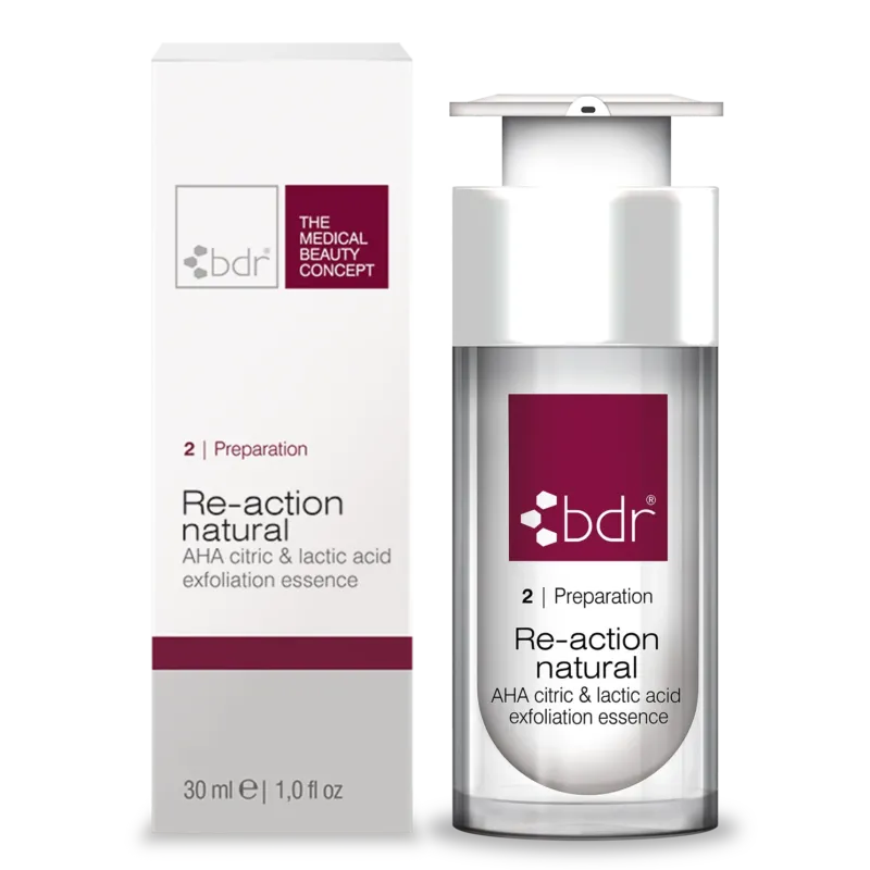 BDR MEDICAL BEAUTY Re-action natural – AHA glycolic acid exfoliation essence , 30ml, Pumpspender und Umkarton