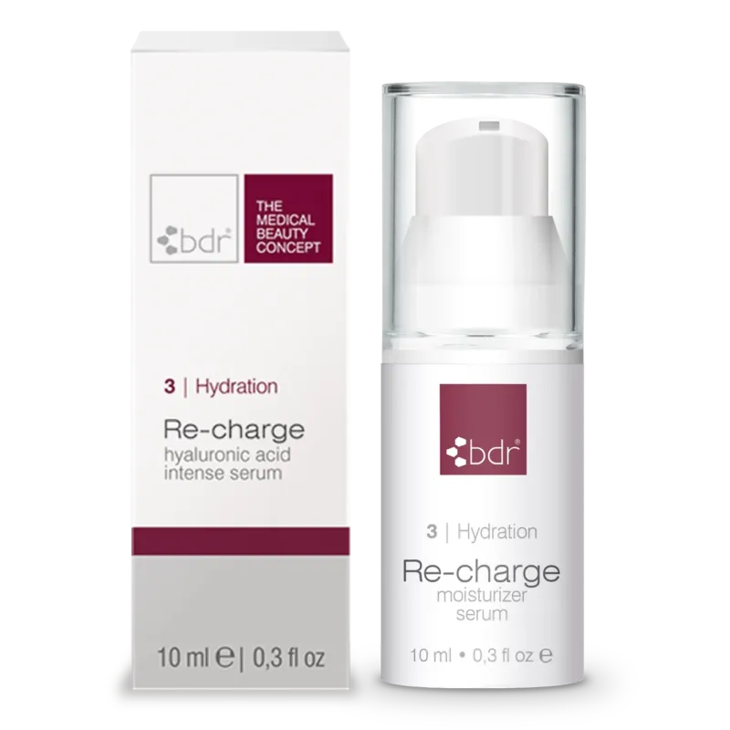 BDR MEDICAL BEAUTY Re-charge hyaluronic acid intense serum – Feuchtigkeitsserum mit 2-fach Hyaluron & Panthenol Reisegröße, 10ml, Pumpspender und Umkarton