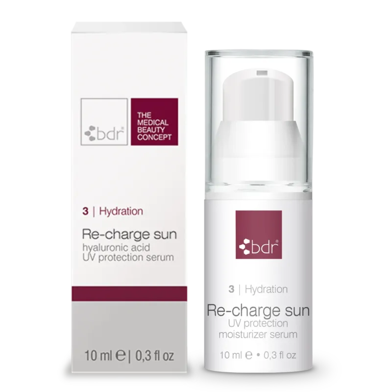 BDR MEDICAL BEAUTY Re-charge SUN – hyaluronic acid UV protection serum - Reisegröße, 30ml, Pumpspender und Umkarton