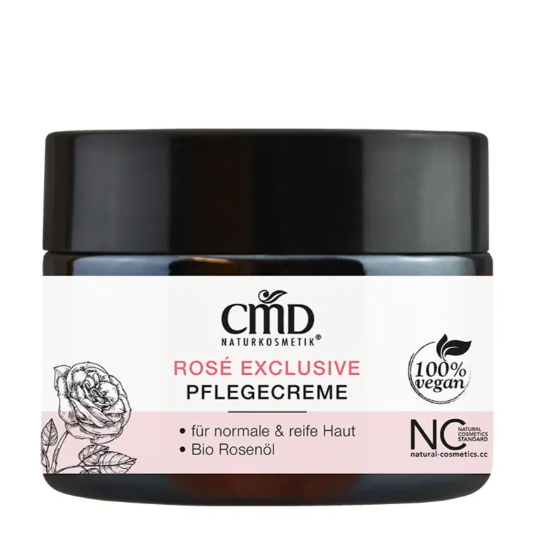 CMD NATURKOSMETIK Rosé Exclusive Pflegecreme – nährt und verwöhnt die Haut mit wertvollen Pflanzenextrakten und Naturölen, wie z.B. Bio Mandelöl, Bio Kokosöl, Bio Rosa Mosqueta und Bio Nachtkerzenöl., 50ml