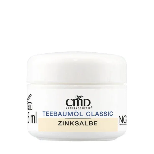 CMD NATURKOSMETIK Teebaumöl Classic Zinksalbe – eignet sich daher besonders gut zur Pflege irritierter und unreiner Haut. Sie lindert Juckreiz und hat einen leicht-kühlenden Effekt., 5ml