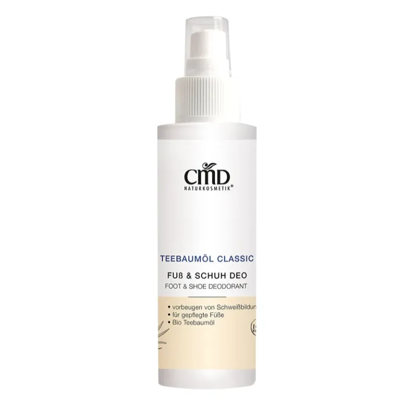 CMD NATURKOSMETIK Teebaumöl Fuss & Schuh Deo – unterstützt aufgrund der speziellen Zusammensetzung ätherischer Öle die Hygiene der für Pilze anfälligen Fußhaut., 100ml
