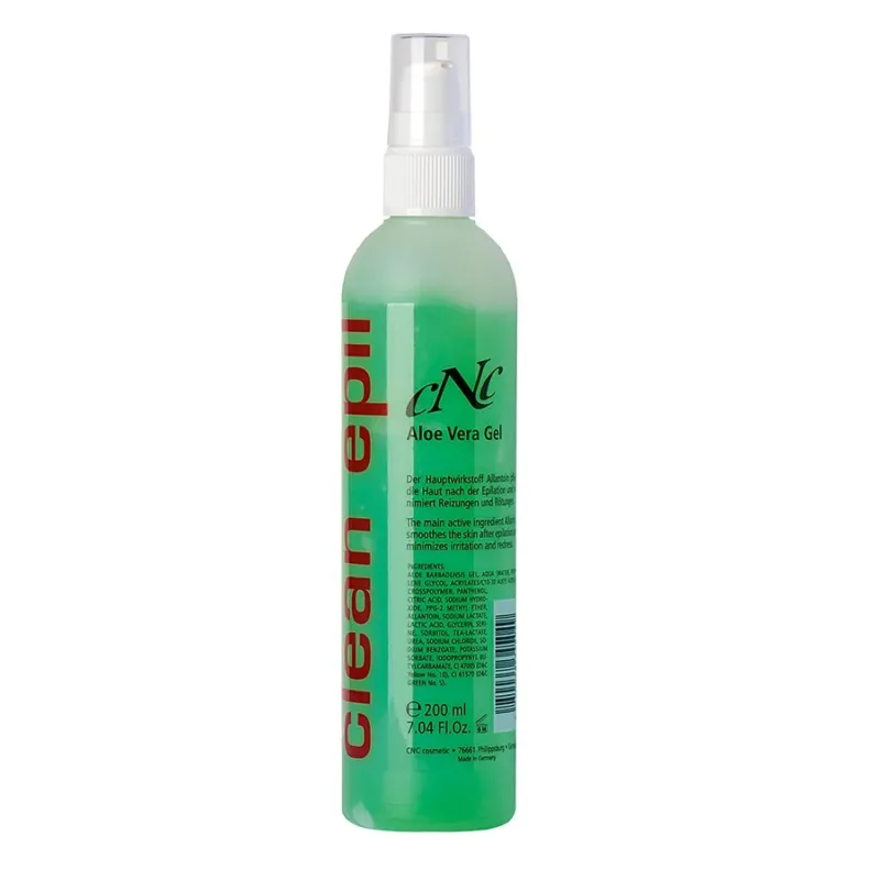 CNC Aloe Vera Gel Clean epil – Die Antiseptischen Wirkstoffe der Aloe Vera beruhigen und beugen Hautirritationen vor. Es zieht schnell ein und wirkt nicht fettend. Geeignet für alle Hauttypen., 200ml