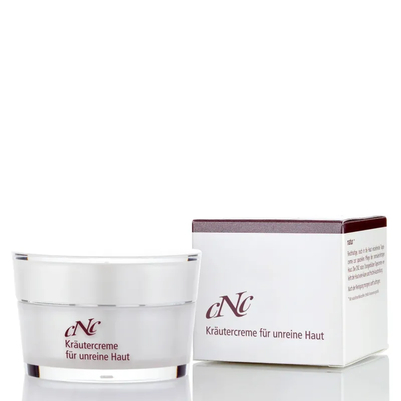 CNC Kräutercreme für unreine Haut – bekämpft gezielt die Ursachen von Fettglanz und Unreinheiten, indem Überverhornungen verhindert und der Fett- und Feuchtigkeitsgehalt der Haut ausgeglichen werden., 50ml, mit Umkarton