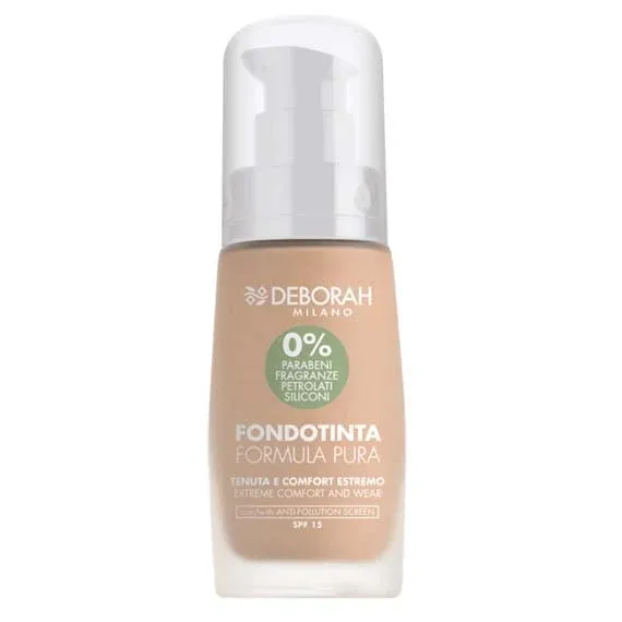 DEBORAH MILANO Formula Pura Foundation – wurde speziell entwickelt, um ultralange Haltbarkeit und absoluten Tragekomfort zu bieten. Sie ist ohne Parabene, Silikone, Erdölderivate, Acrylate und Duftstoffe formuliert und somit auch für die empfindlichste Haut geeignet., 30ml