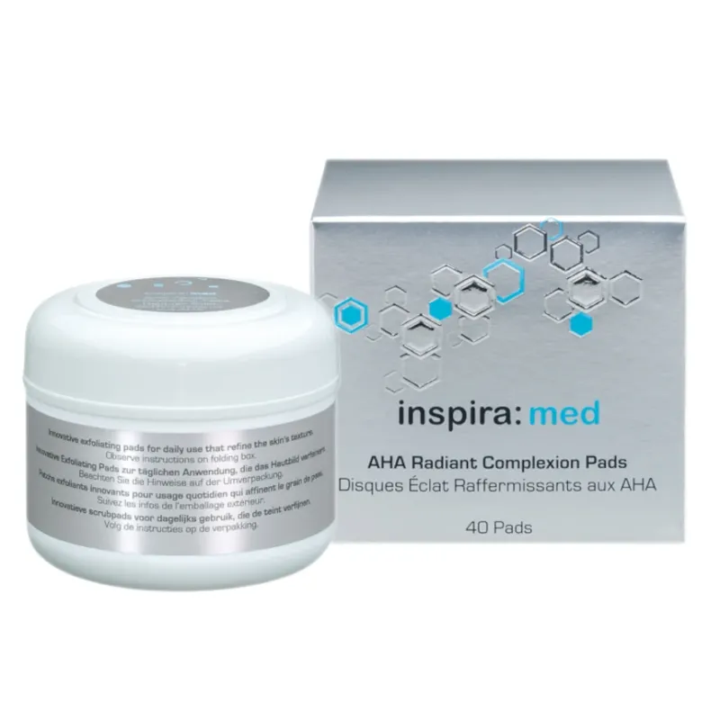 inspira: cosmetics - inspira: med AHA Radiant Complexion Pads – Peeling-Pads für einen strahlend glatten Teint, 40stk, Tiegel und Umkarton