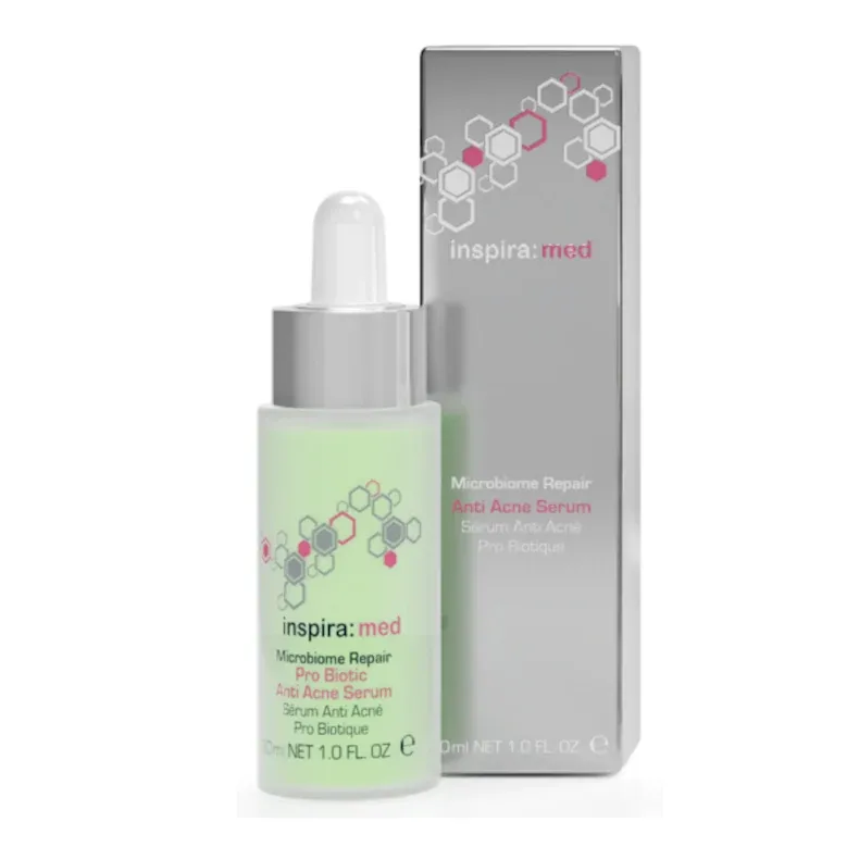 INSPIRA:COSMETICS inspira:med Microbiome Pro Biotic Anti Acne Serum – Klärendes Anti-Akne-Serum, 30ml, Pipettenflasche und Umkarton