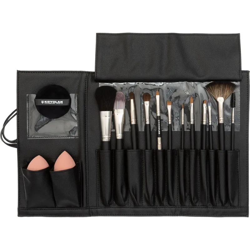 KRYOLAN Brush Collection Starter – 15-teiliges Pinselset in veganer Kunstledertasche, 15 teilig, offen