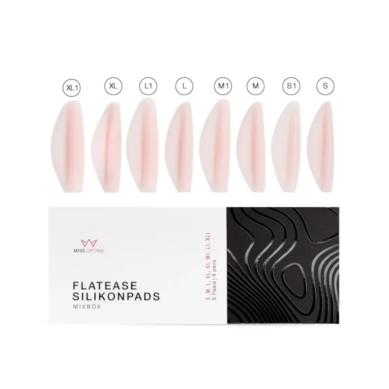 MISS LASHES FlatEase Silikonpads – Mixbox, 8Paar, Pads und Umkarton