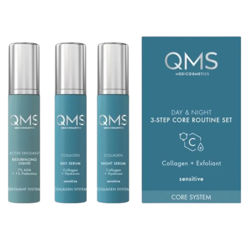 QMS CORE SYSTEM Collagen + Exfoliant Set Sensitiv – Anti-Aging Pflege-Routine, 3x7ml, Spender und Umkarton