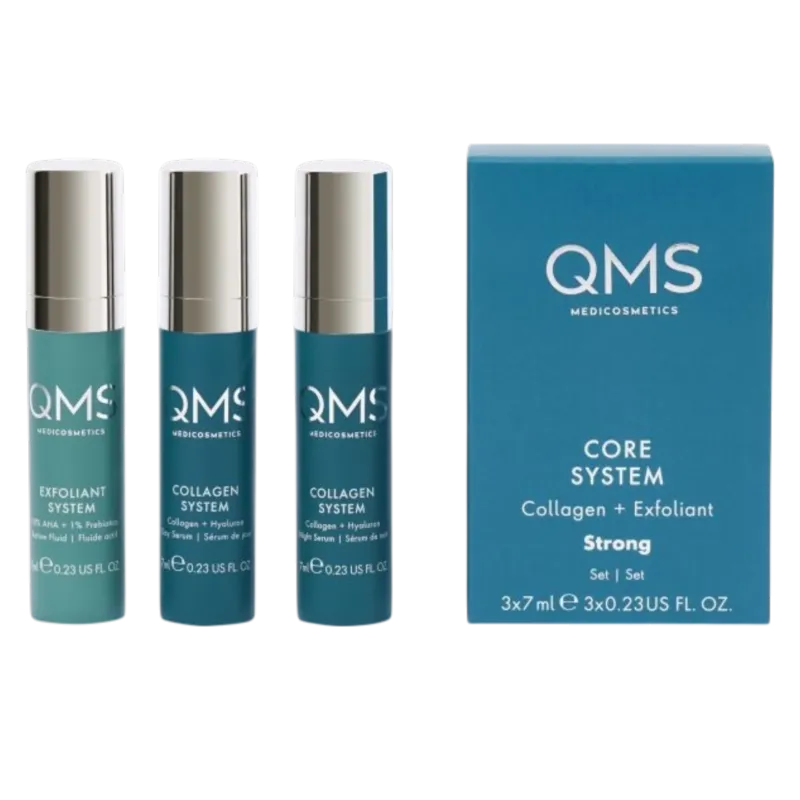 QMS CORE SYSTEM Collagen + Exfoliant Set Stron – Reisegröße, 3x7ml, Spender und Umkarton