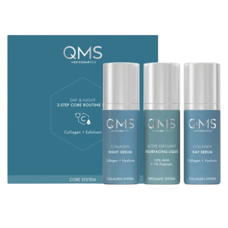 QMS Day & Night 3-Step Core Routine Set Strong – Anti-Aging Pflegeroutine, 3x30ml, Umkarton und Spender