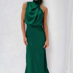 Emerald Evening Dress Draped High-Neck Satin Maxi - Product showcase