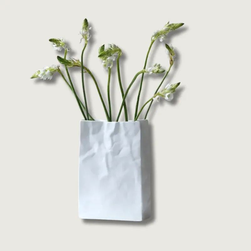Contemporary Paper Bag Vase White Ceramic Design - Product showcase