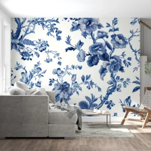 Blue and white chinoiserie wallpaper in bright living room with modern furniture