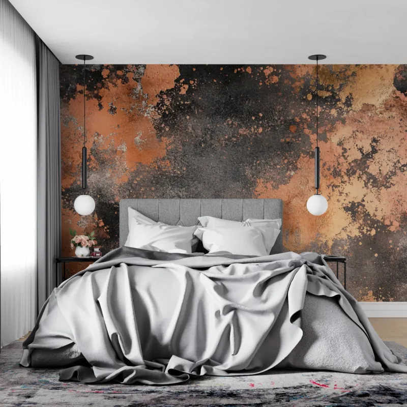 Industrial copper wallpaper creating a stunning accent wall in a modern living room with high ceilings
