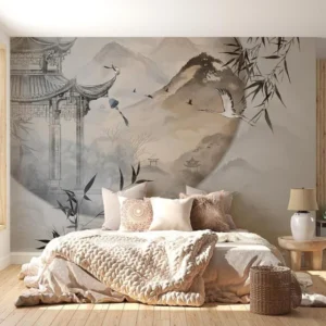 Japanese mountain landscape wallpaper in modern minimalist living room creating zen atmosphere