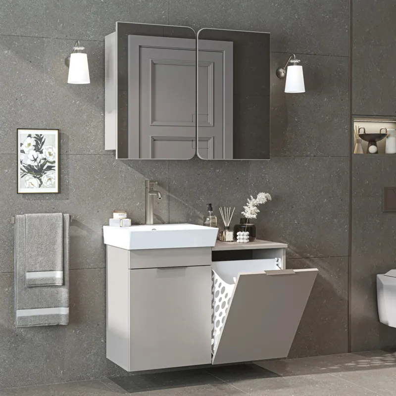 Badmöbel-Set LYCIA 49 cm in Beige mit Waschbecken und Wäschekorb