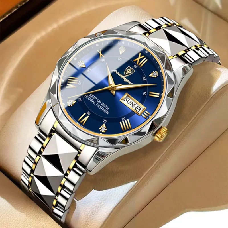Luxury Steel Watch Blue Dial Roman Numerals - Detailed view