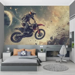 Motocross space wallpaper in modern gaming room showing cosmic racing action