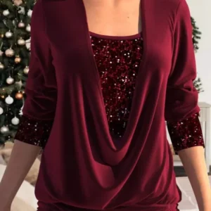 Elegant Sequin Blouse Burgundy Draped Design - Product showcase