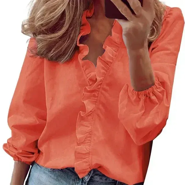 Ruffle Neck Blouse Coral Puff Sleeve Design - Product showcase