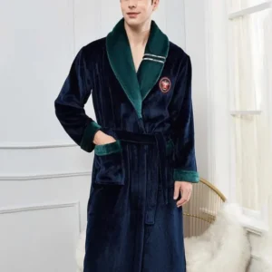 Luxury Mens Velvet Robe Navy Blue with Emerald Trim - Product showcase