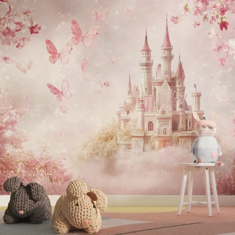Princess castle wallpaper in a bright girl's bedroom with pink accents and matching decor