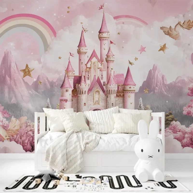 Princess castle mural wallpaper in a spacious girl's bedroom, pink and gold design creates magical atmosphere