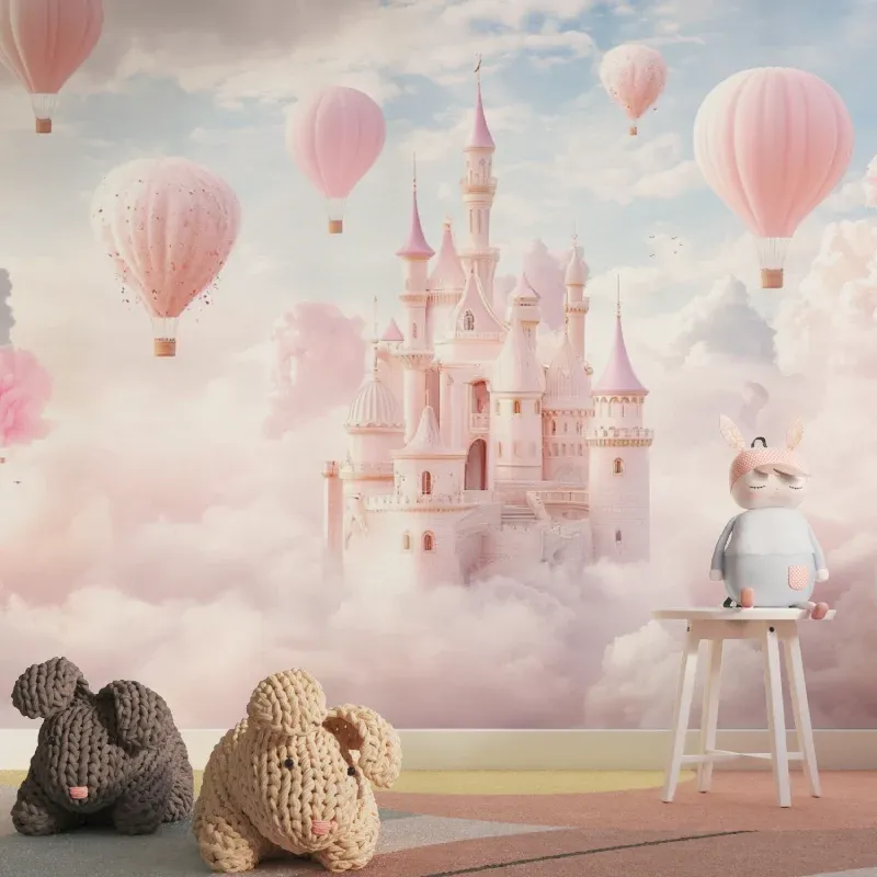 Princess castle wallpaper creating magic in a bright nursery, with soft pink hot air balloons floating across the wall