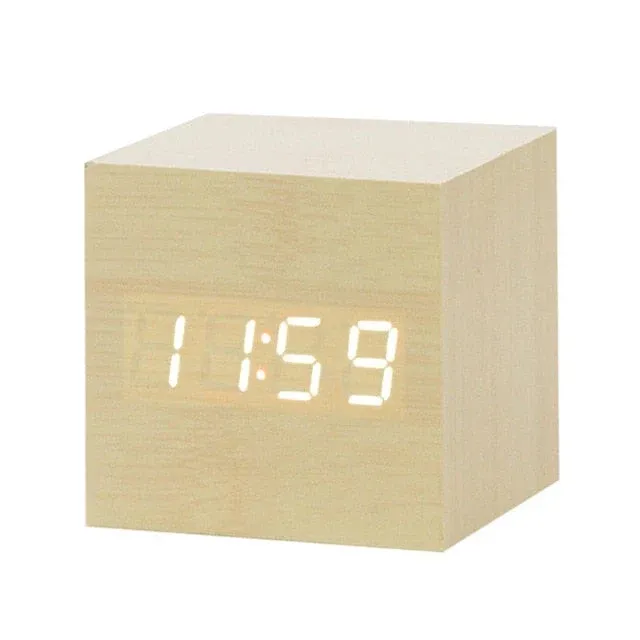 Modern Digital Alarm Clock Wooden Cube LED Display - Product showcase